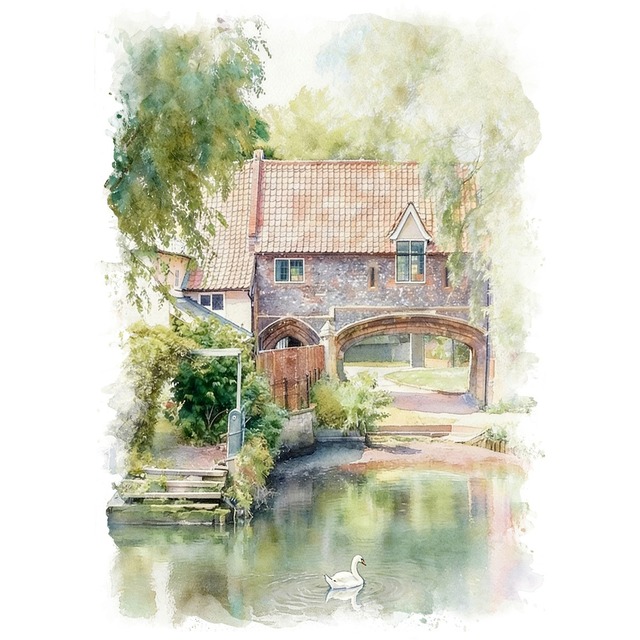 絵画 イギリス 風景画(街並み)  ノーフォーク ウェンサム川沿いのフェリーハウス インテリアアート額付き 水彩画・油絵調 WAT0435