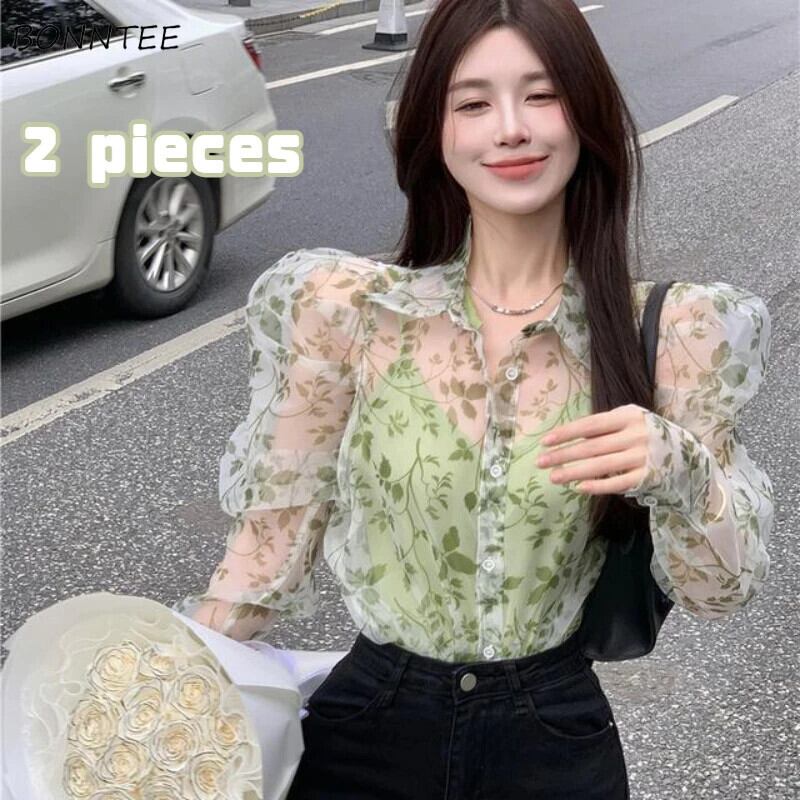 【新作】【送料無料】 キャミソールセット女性シースルー花柄シャツ 2 枚スリムパフスリーブ甘いオルカジュアル夏オールマッチレディデイリートレンディ 0243960602389
