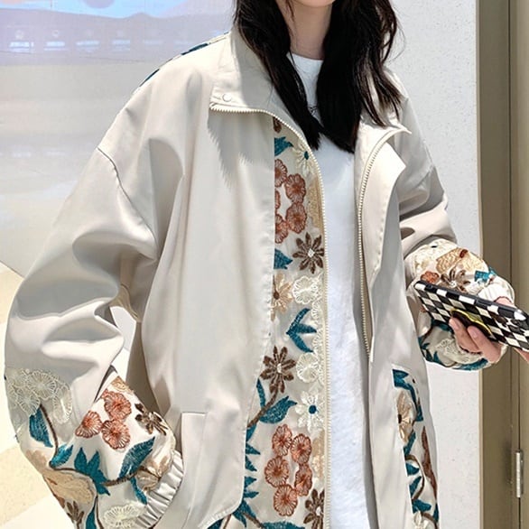 フラワー刺繍 ハイネック ジャケット | Korean unisex fashion
