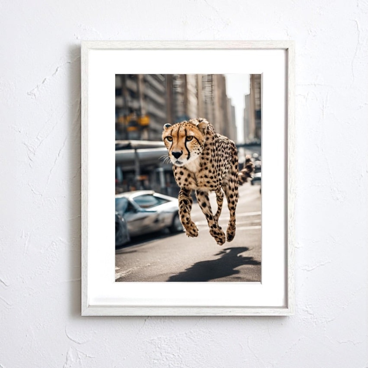 Cheetah Trip｜都会を駆け抜けるチーターのコラージュアートポスター｜非日常感とインパクトで魅せる額縁セット｜A4〜A2 A3ポスター