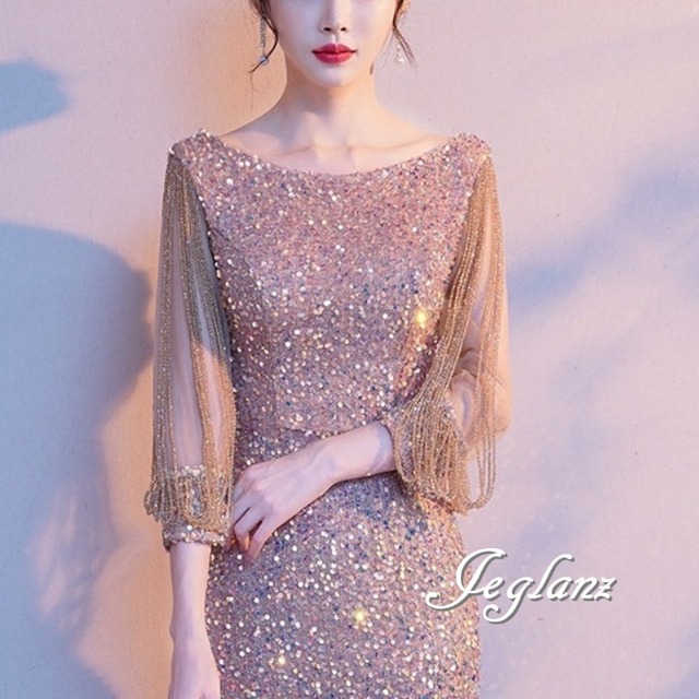 華やか イブニングドレス マーメイド 肌見せ スパンコール 光沢感 （M5464）ζ