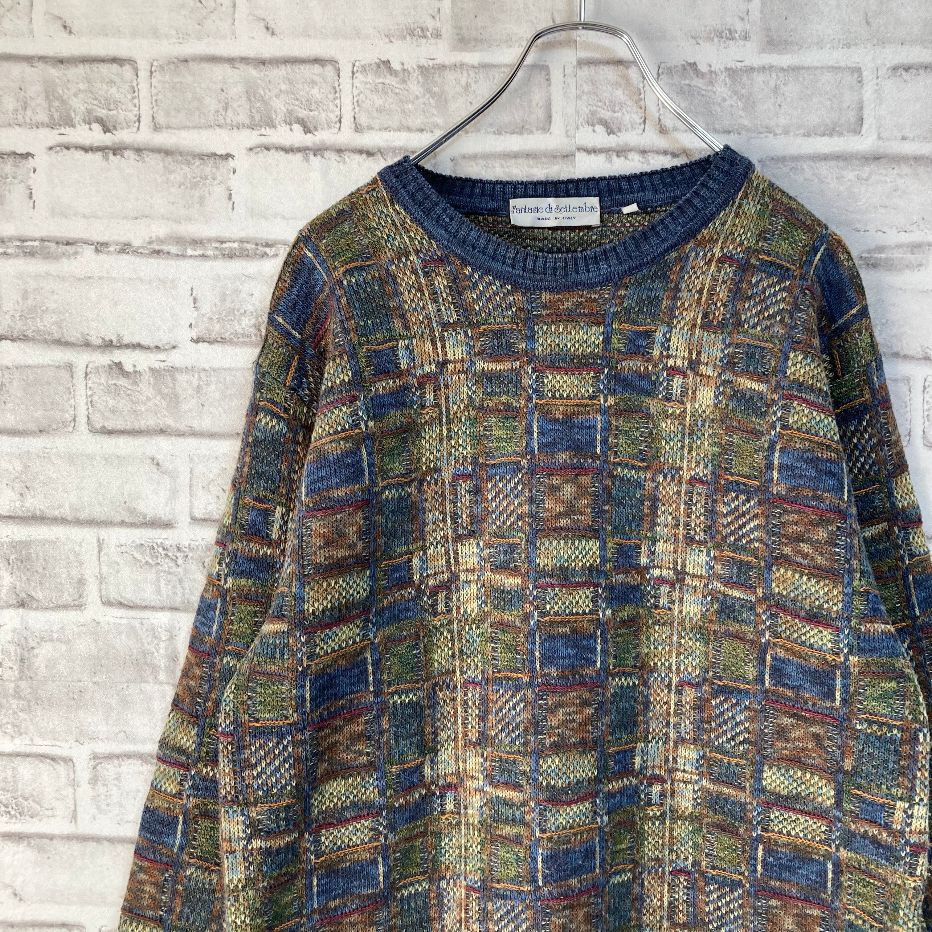 90s Euroイタリア製 高品質ニット グレー L 肉厚ウールセーター刺繍