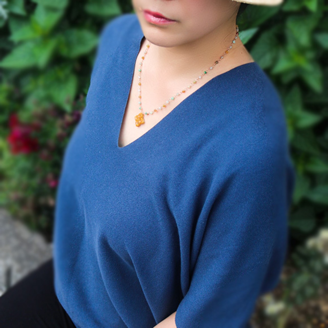 希少なカラーで大人かわいく！K14GF翡翠マルチカラーお花ペンダントネックレス A貨翡翠 jd_ne1084