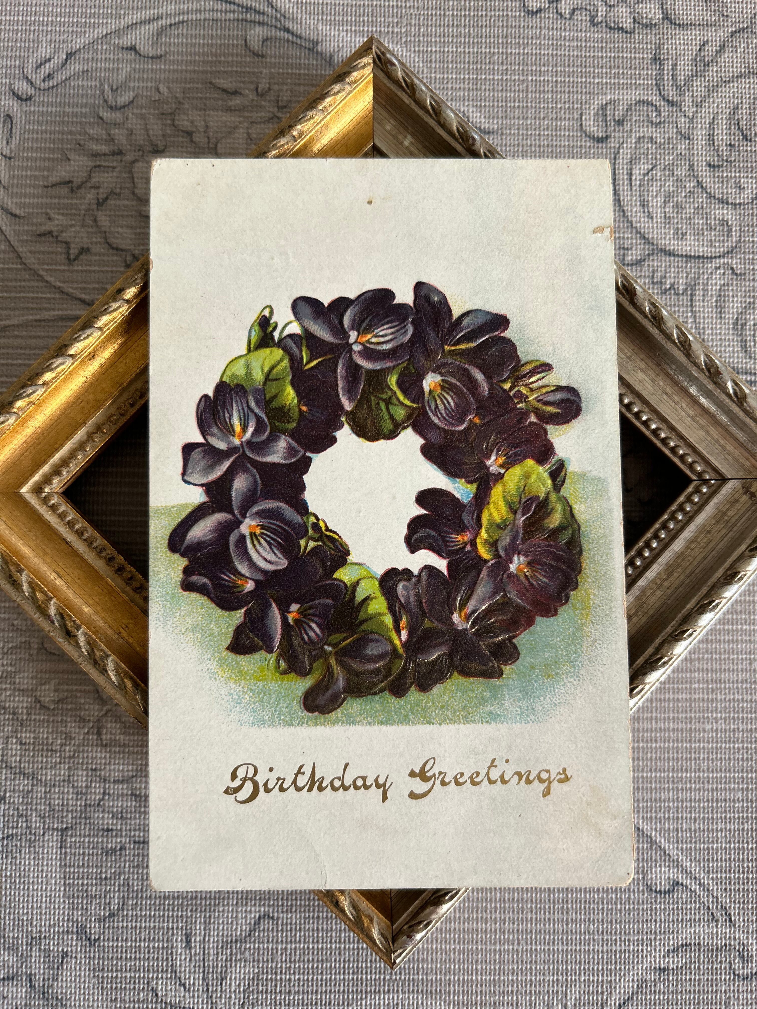 フランス アンティークポストカード すみれのリース Birthday Greetings ドイツ製 エンボス加工 額装 インテリア