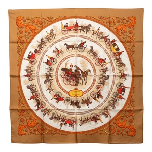 エルメス カレ90 LA PROMENADE DE LONGCHAMPS ロンシャンへの散歩 スカーフ ブラウン マルチカラー シルク レディース HERMES 【中古】