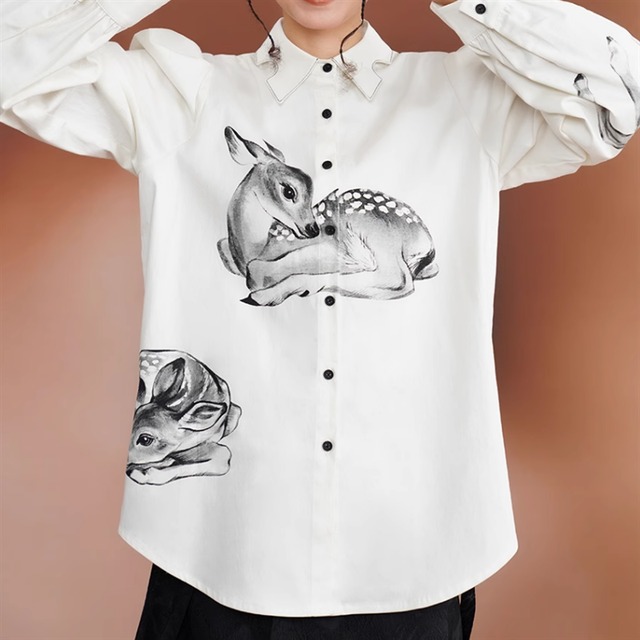 【Camoooni】小鹿イラストパフスリーブシャツ　2color　10972