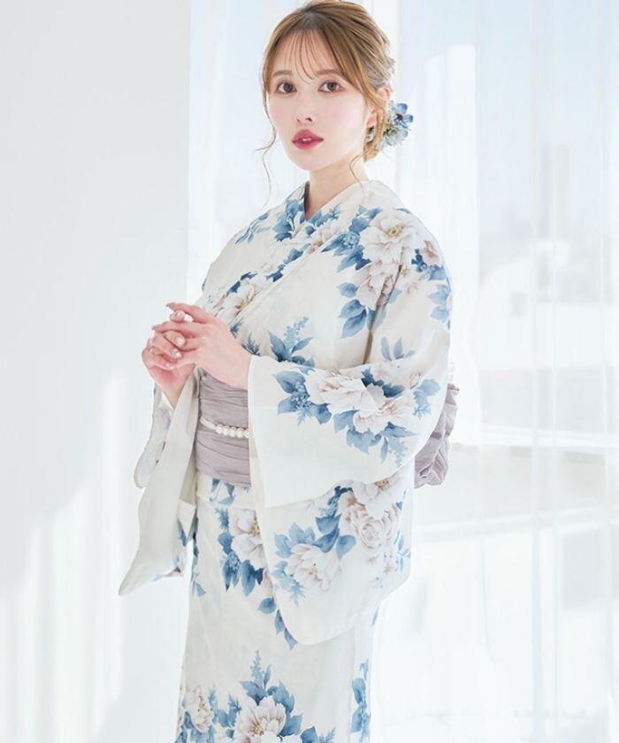浴衣4点セット classical aqua blue flower【兵児帯ライトグレー