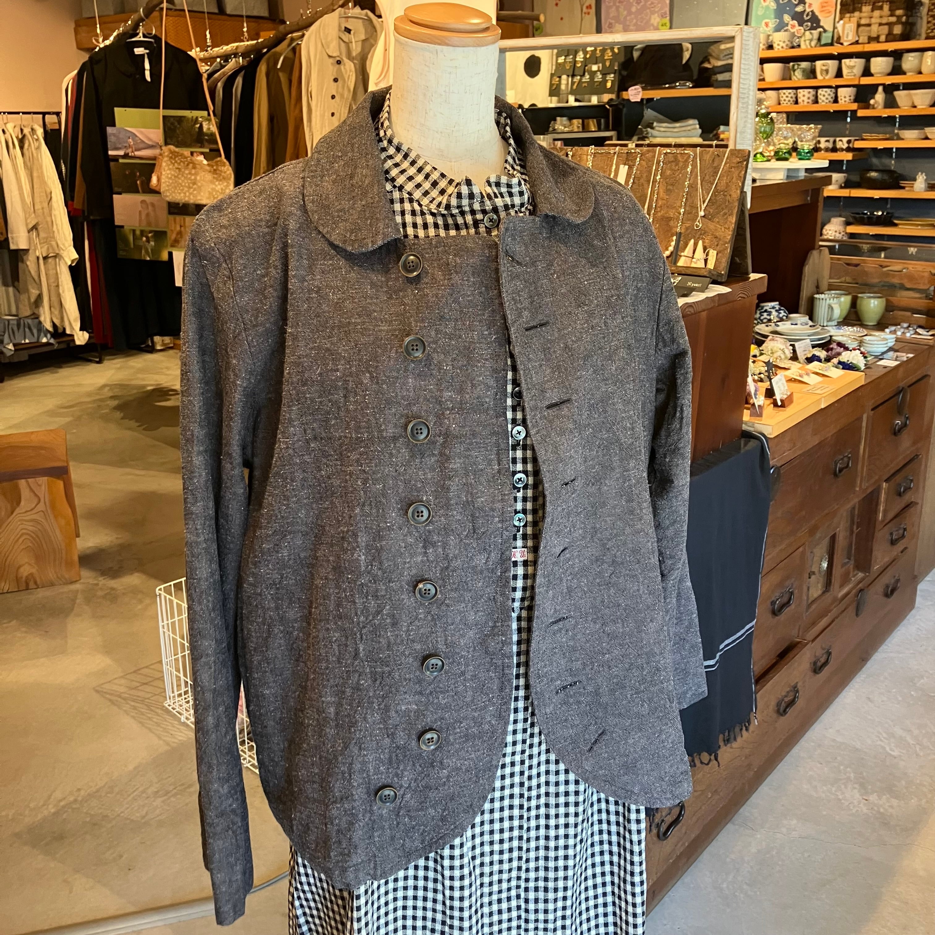 ラウンドカーディガンジャケット リラックス コットンリネンシャンブレーグレー Sa-Rah