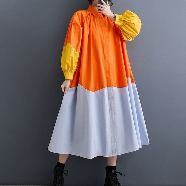 TRICOLOR STITCH DESIGN LONG SLEEVES A-LINE SHIRT DRESS 1color M-8635