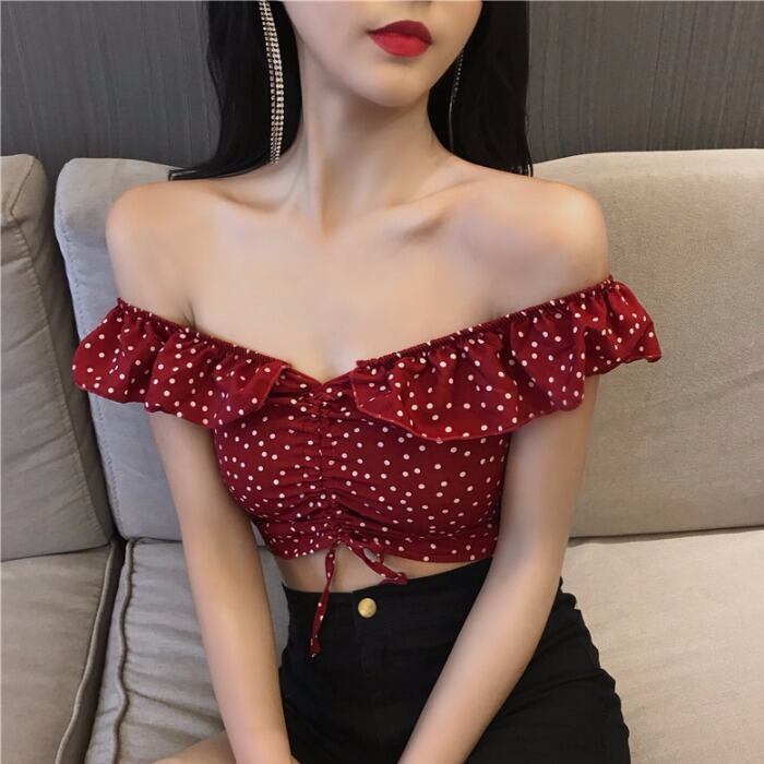 2020年春の新しいセクシーなワンラインネックストラップレスシャツ女性香港フレーバーレトロワイルド水玉シフォンシャツトップトレンド 1号婦人88003441974