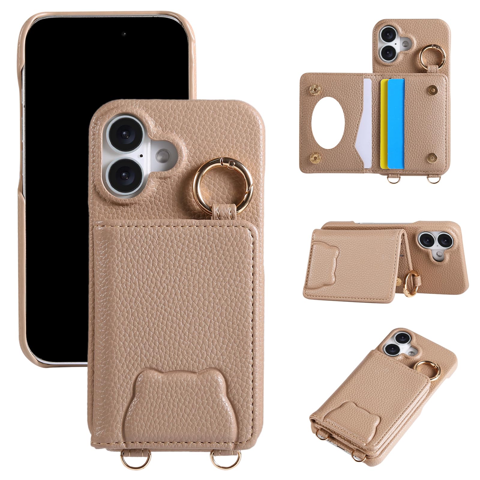 JOMA-E Shop ケース iPhone 16 用の スマホケース 手帳型 かわいい熊 アイフォン 16 用の 携帯カバー 人気 あいふぉん16 用の 可愛い アイホン 16 用の ケース クマ アニマル おしゃれ カードポケット 財布型 化粧鏡 リング付き レディース 女性 上品 肌感レザー 落ち着いた色 どうぶつ 横置き機能 動物 PUレザー 全面保護 (カーキー)