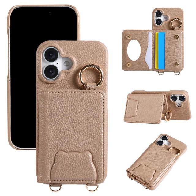 JOMA-E Shop ケース iPhone 16 用の スマホケース 手帳型 かわいい熊 アイフォン 16 用の 携帯カバー 人気 あいふぉん16 用の 可愛い アイホン 16 用の ケース クマ アニマル おしゃれ カードポケット 財布型 化粧鏡 リング付き レディース 女性 上品 肌感レザー 落ち着いた色 どうぶつ 横置き機能 動物 PUレザー 全面保護 (カーキー)