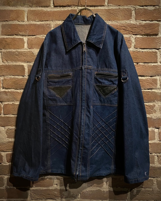 【Caka act3】Leather Swiching Vintage Zip Up Denim Jacket