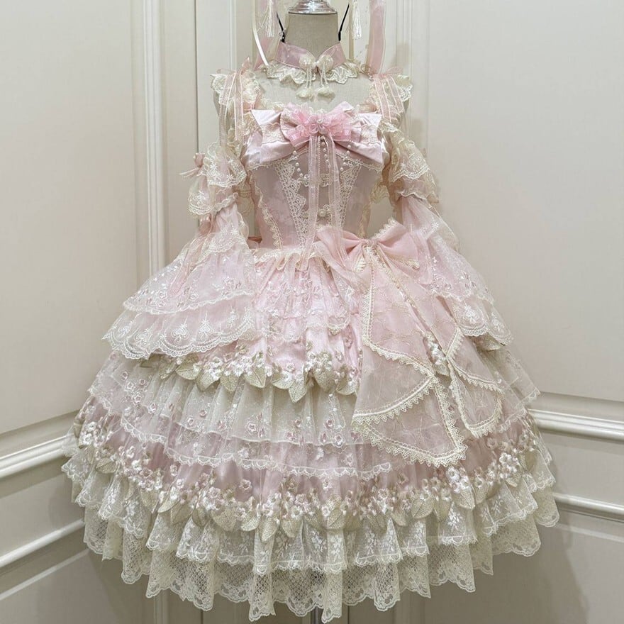 甘ロリJSK チョーカー 姫袖付き ピンク 多層フリルレース姫系ロリータ