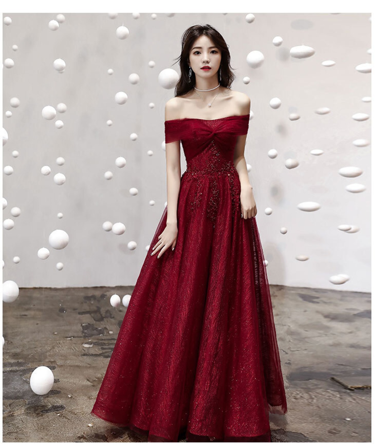 ワインレッドドレスシフォンAラインパーティーフェミニンバルーン  