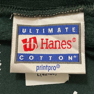 【Hanes】プリント スウェット トレーナー 冬 ノルディック 雪男 雪 クリスマス 足跡 ディープグリーン LARGE ヘインズ ULTIMATE COTTON US古着