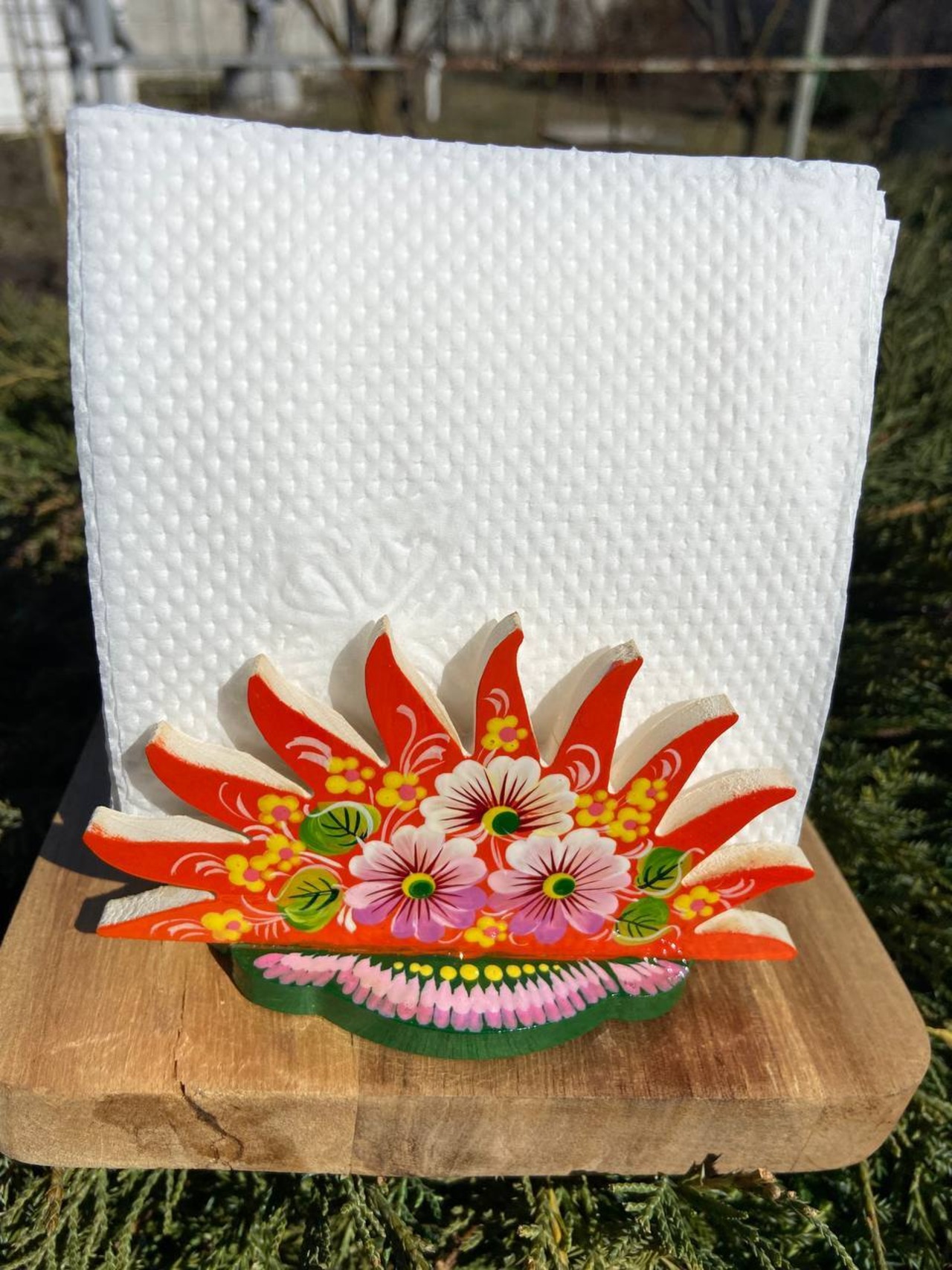 ペトリキウカ塗り　木製ナプキンスタンド　メモスタンド　ホメンコ作　太陽 - 4