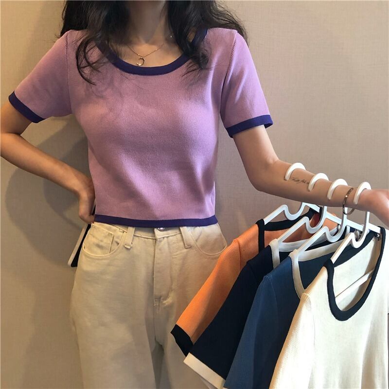 2020年夏のコントラストカラーの新作レディースバージョンスリム半袖ワイルドショートニットTシャツトップボトミングシャツトレンド 1号婦人30030201279