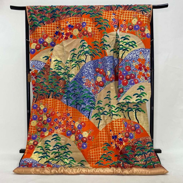 色打掛 正絹 鶴 刺繍 金  打掛 Lサイズ 裄67 花嫁衣裳 婚礼 リサイクル 中古 ブライダル ウエディング 着物 4026