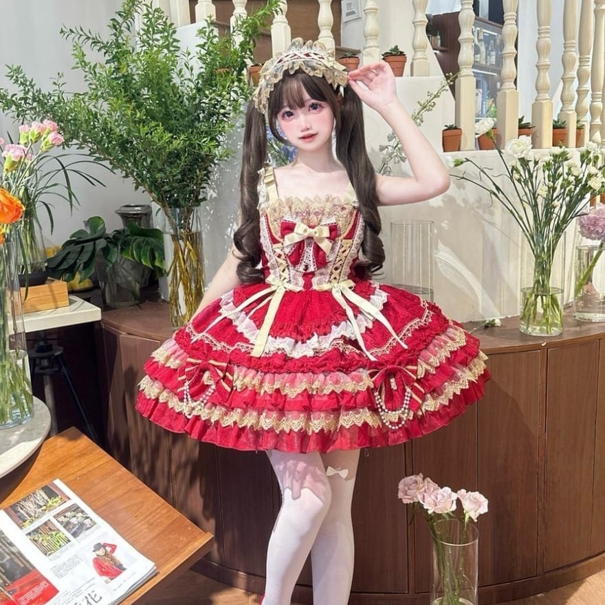 クラロリ 宮廷風ドレス ロイヤルレッド×ゴールド刺繍 5色展開｜WithU