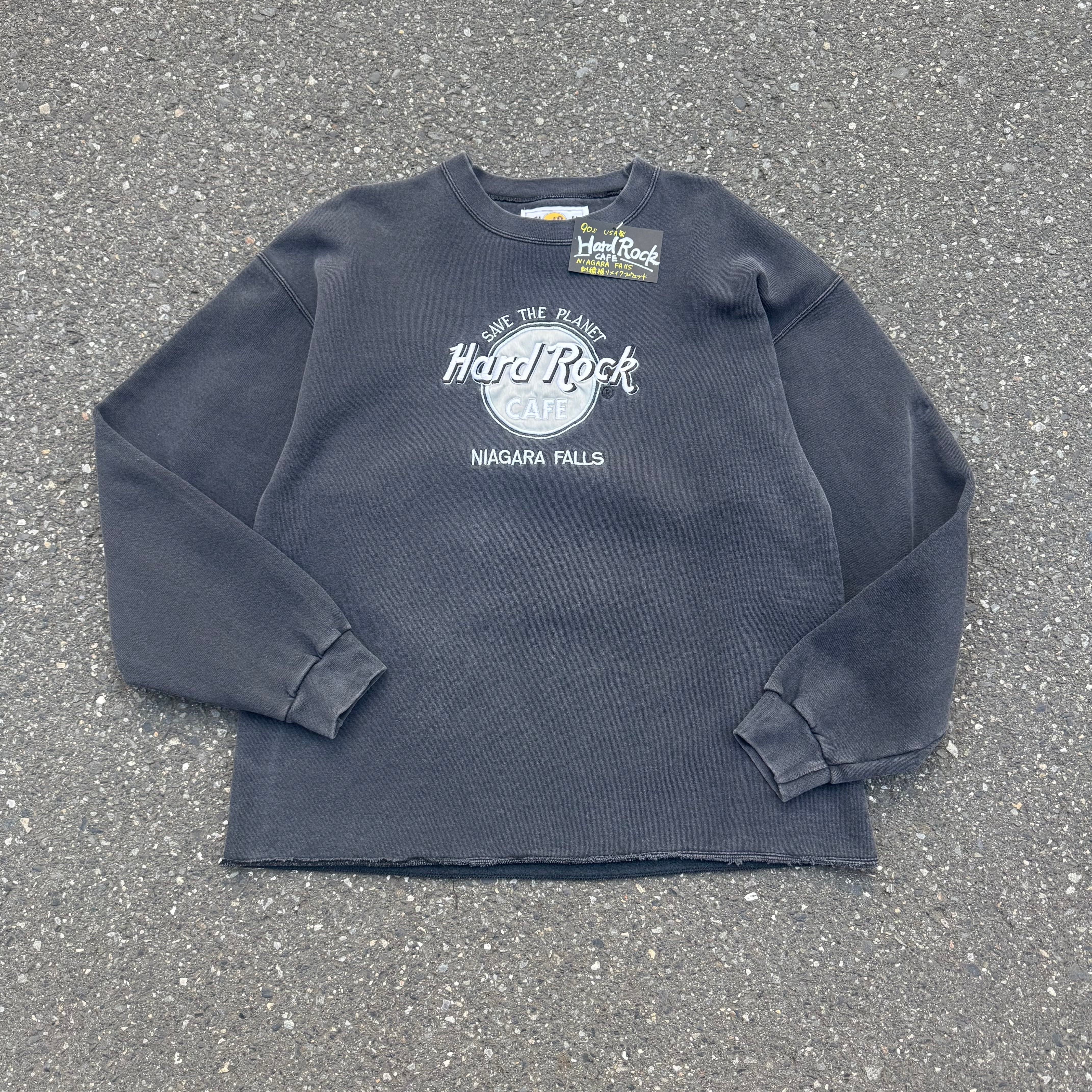 90s USA製 Hard Rock CAFE NIAGARA FALLS 刺繍裾リメイクスウェット