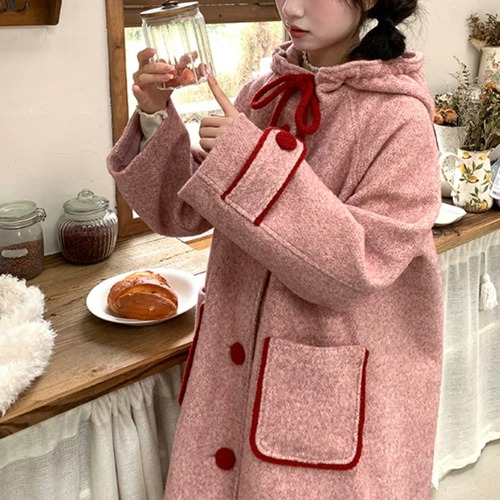 バイカラーリボンフーディーコート ・79074