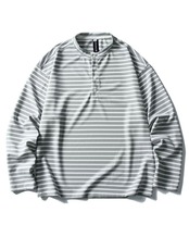 ボーダー柄ハーフボタンバンドカラー長袖Tシャツ S0666