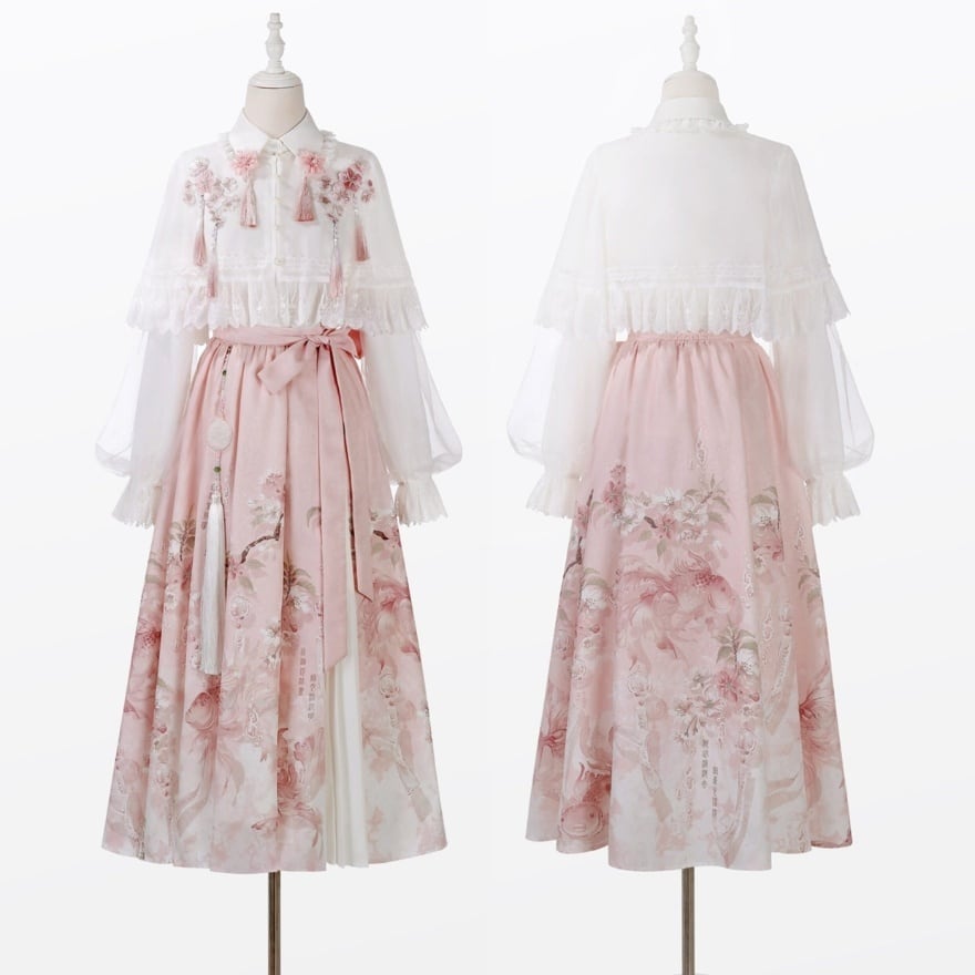 中華ロリ｜桜雨 漢服風トップス・花柄スカート・ケープ3点セット