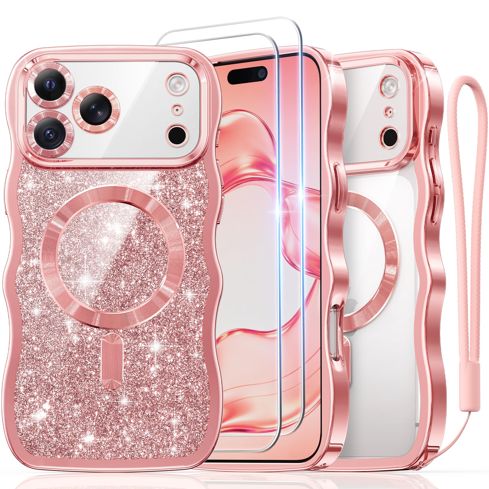 Meifigno iPhone 18 Pro(6.3インチ)用 マグネット対応 キュートなウェーブデザイン ケース ローズゴールド