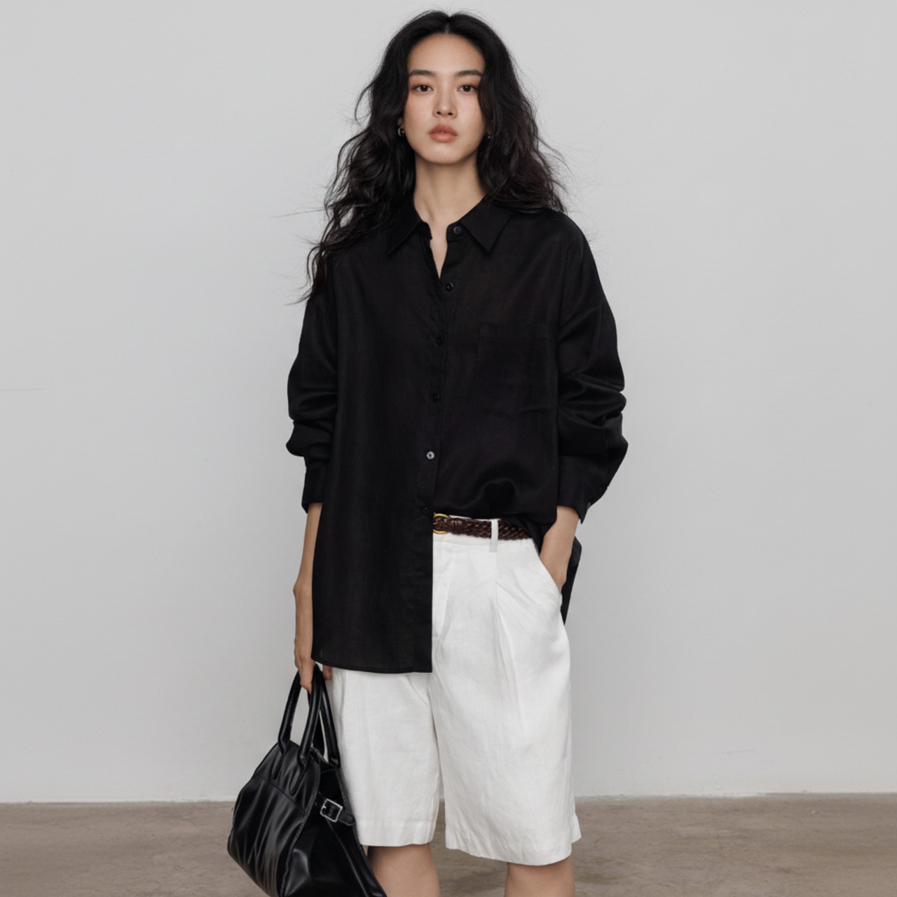 リネン風 ゆったり 長袖 シャツ   3colors  26064・画像15