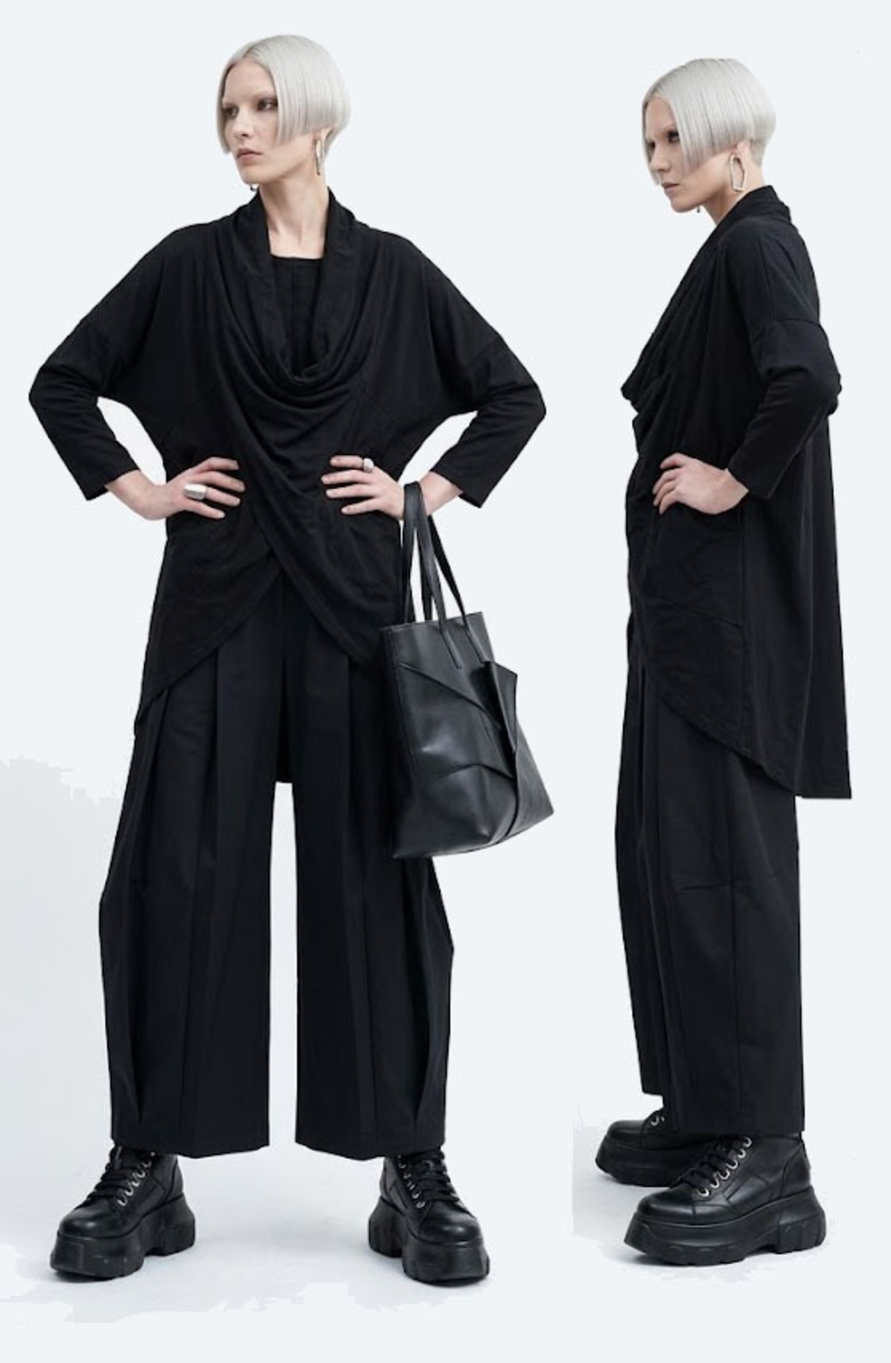 変形ドレープカットTOP	ブラック