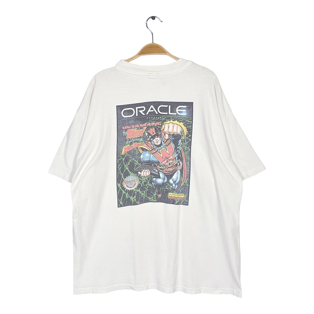 90s オラクル ソフトウェア IT企業系 ヴィンテージ Tシャツ アメコミ風 ホワイト シングルステッチ ORACLE サイズXL相当 BZ0656