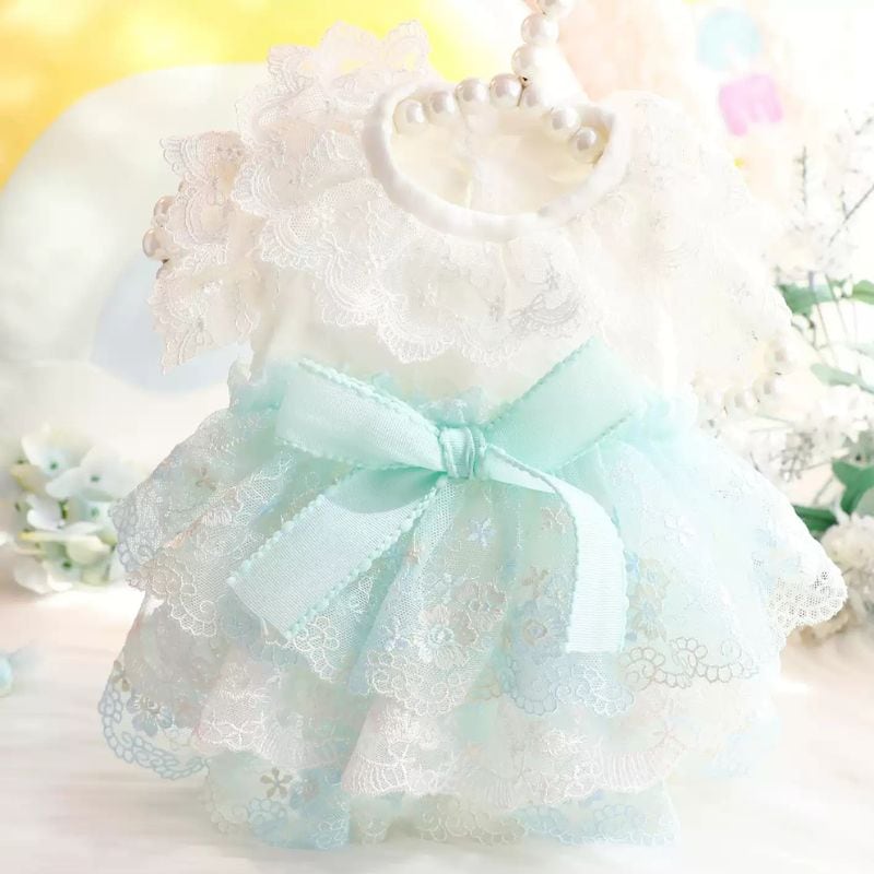 ミントリボンのフローラルレースドレス 犬服 01272