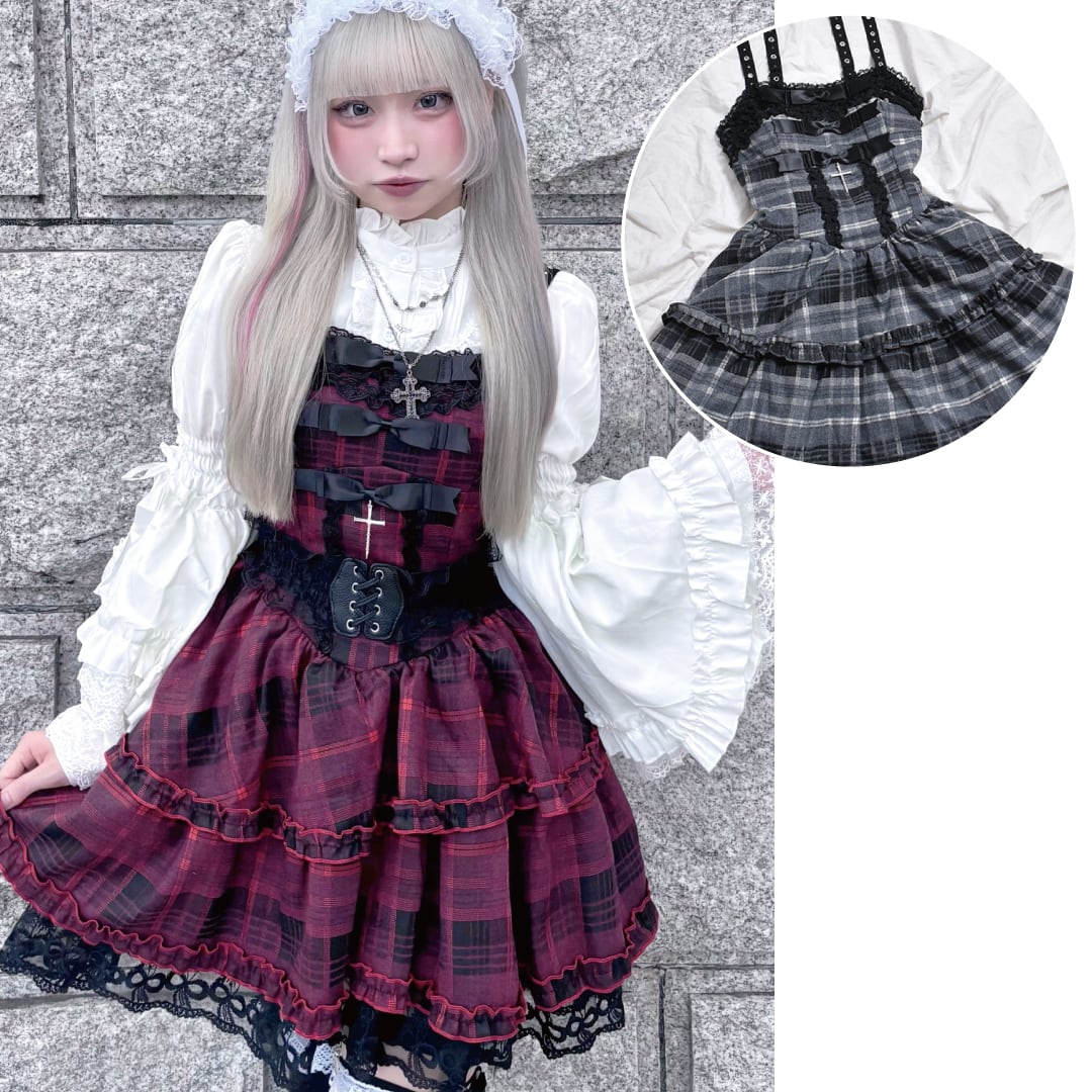 【新作】クロス付き リボンフリルチェックキャミワンピ