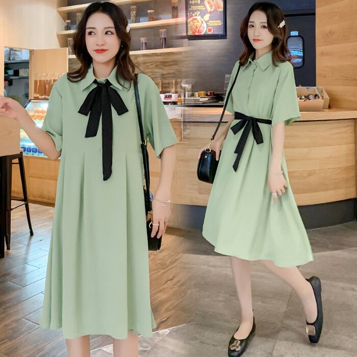 【新作】【送料無料】 新しい抹茶グリーンルーズマタニティドレスラペルシフォンマタニティドレスのマタニティドレス2019夏バージョン-アリババ サマー 夏物 expec23650800294