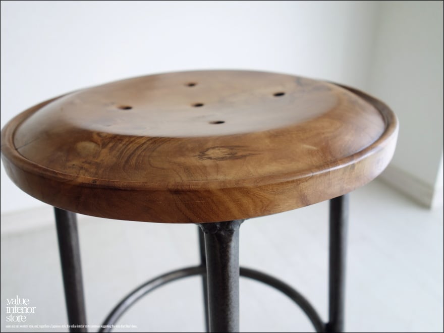 チーク鉄脚バースツール円 イス 椅子 チェア アイアン 木製