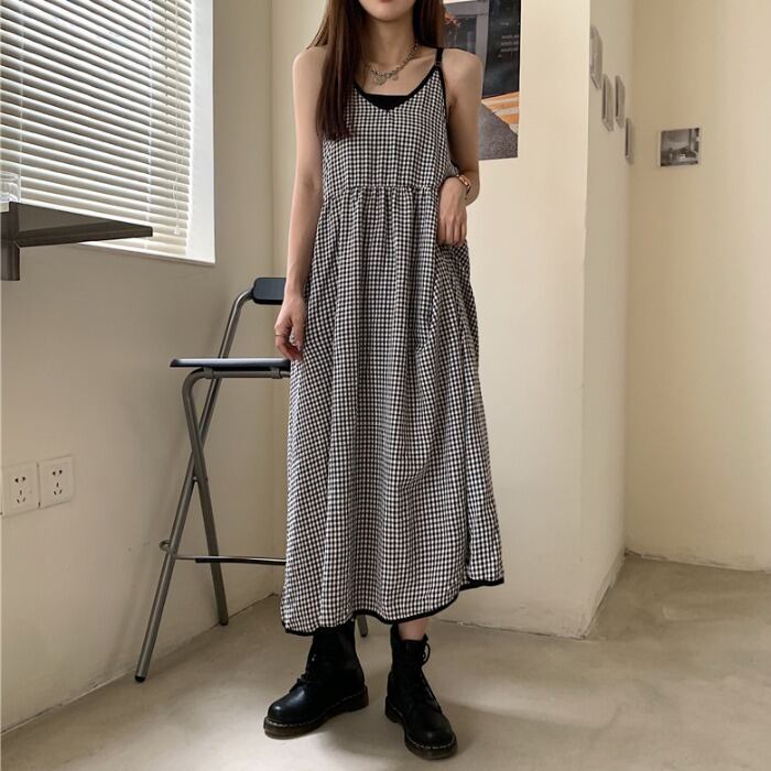ロングスカート サマーブラックホワイト格子柄薄手ハイウェストウェストドレス ルーズ 夏物 ケッペル3812643264