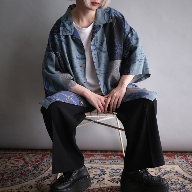 back botanical art pattern loose h/s silk shirt