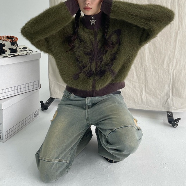 butterfly fuzzy knit zipper　バタフライファジーニットジッパー　J0680