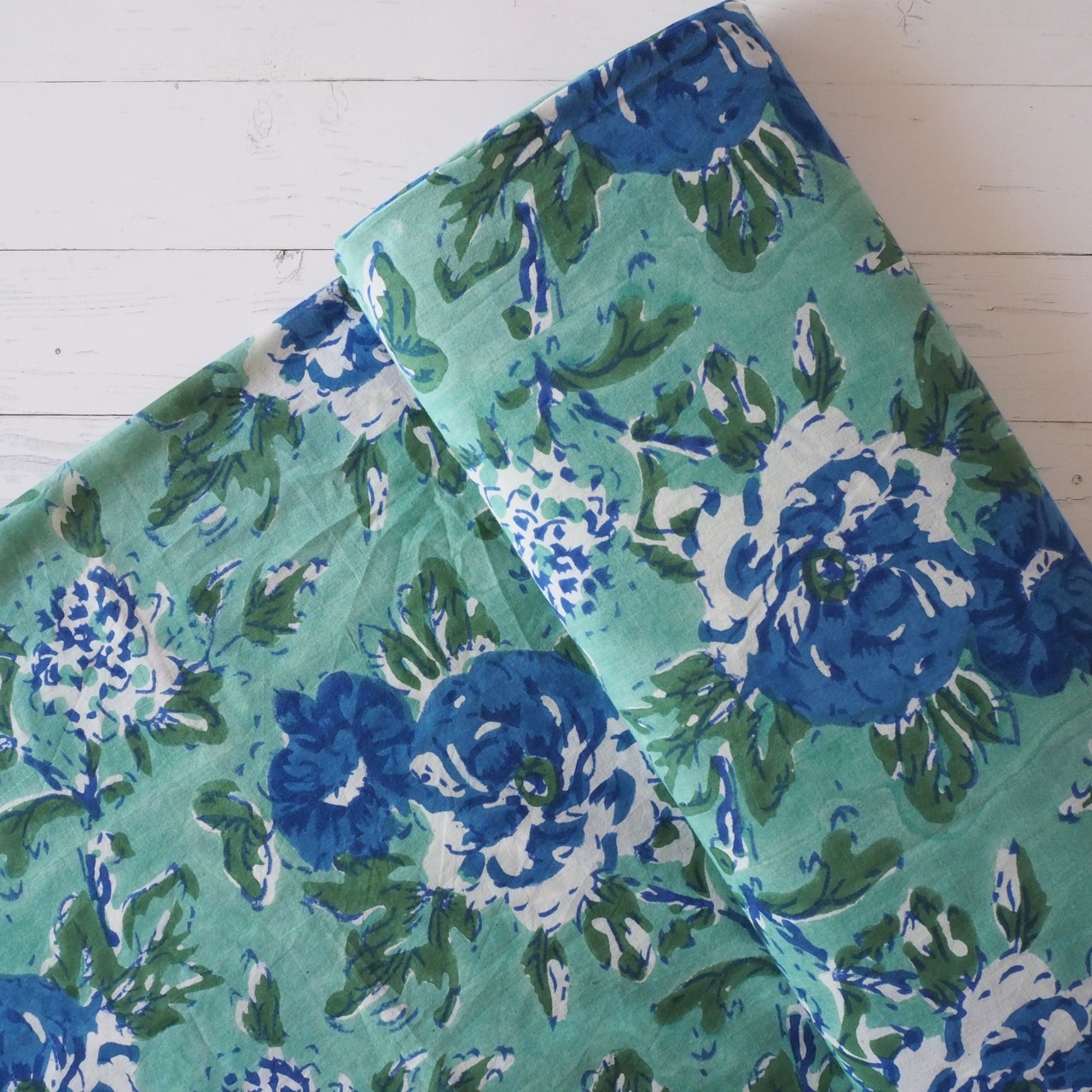 ブロックプリント生地【50cm単位】インド綿  花柄 緑×青 #17629-GR2