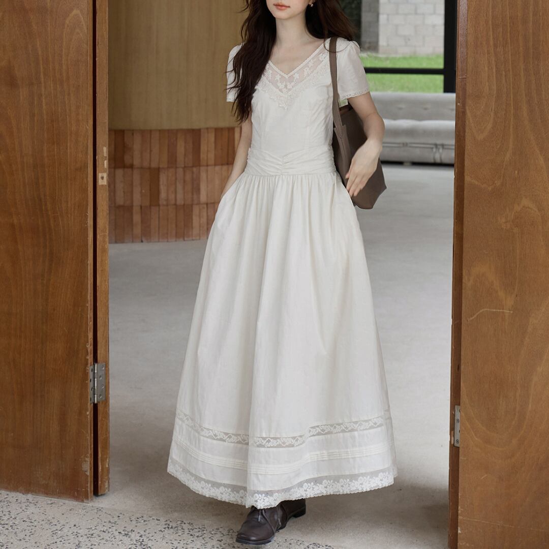 lace detail gathered long dress