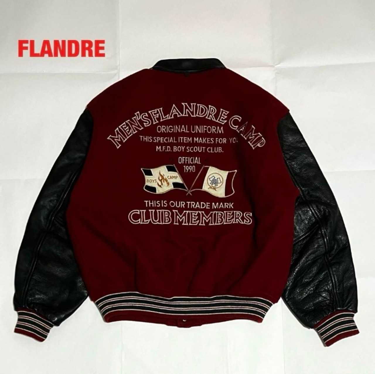 90s 厚 Vintage】一点物!! 刺繍 立体パイルロゴ 袖レザー スタジャン 