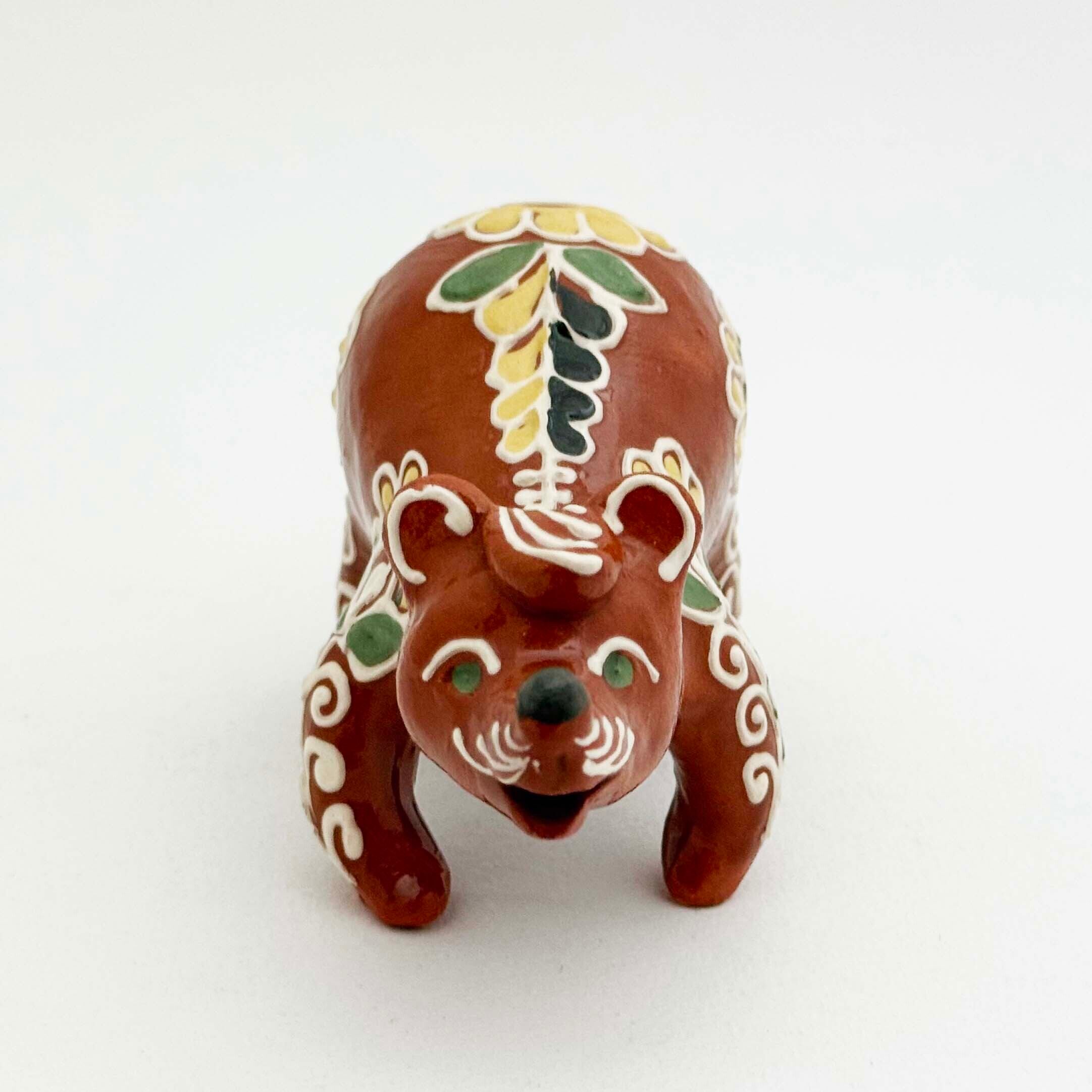 ウクライナ産 オピシュニャ土人形(クマ 茶 / 黄色い花)