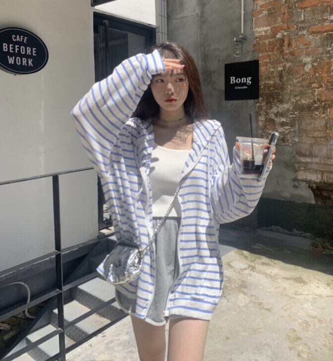 ルーズストライプシャツ レディース薄手カーディガンジャケット サマーフード 夏物 モンロー18796040316