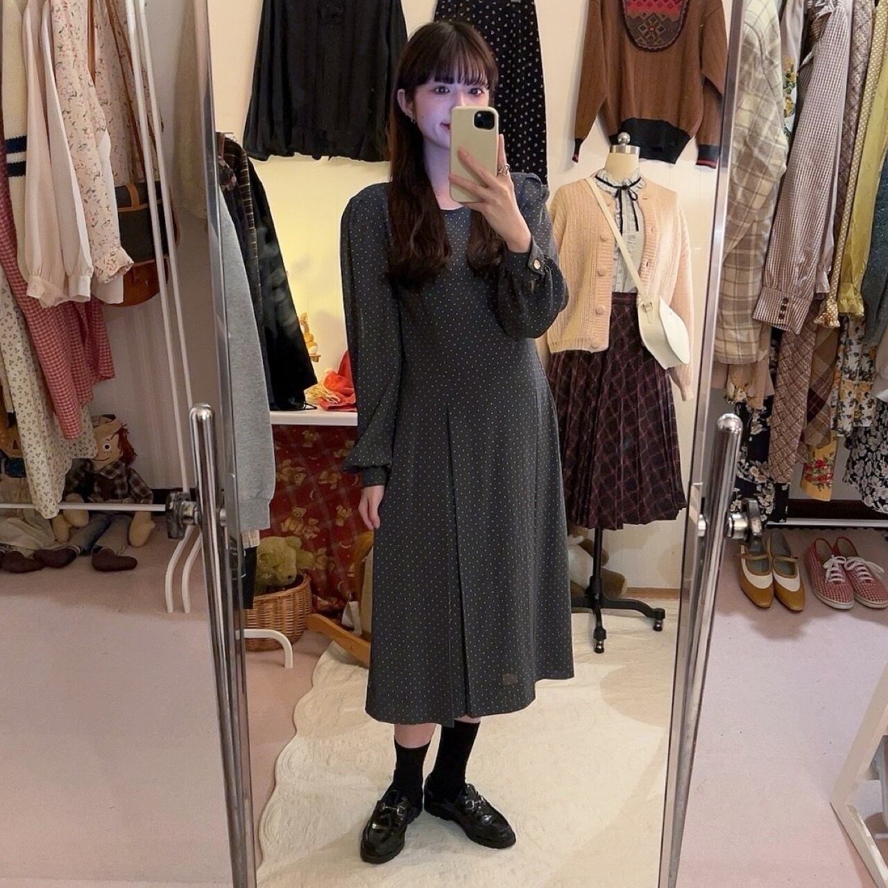 dark gray dot tuck flare one-piece