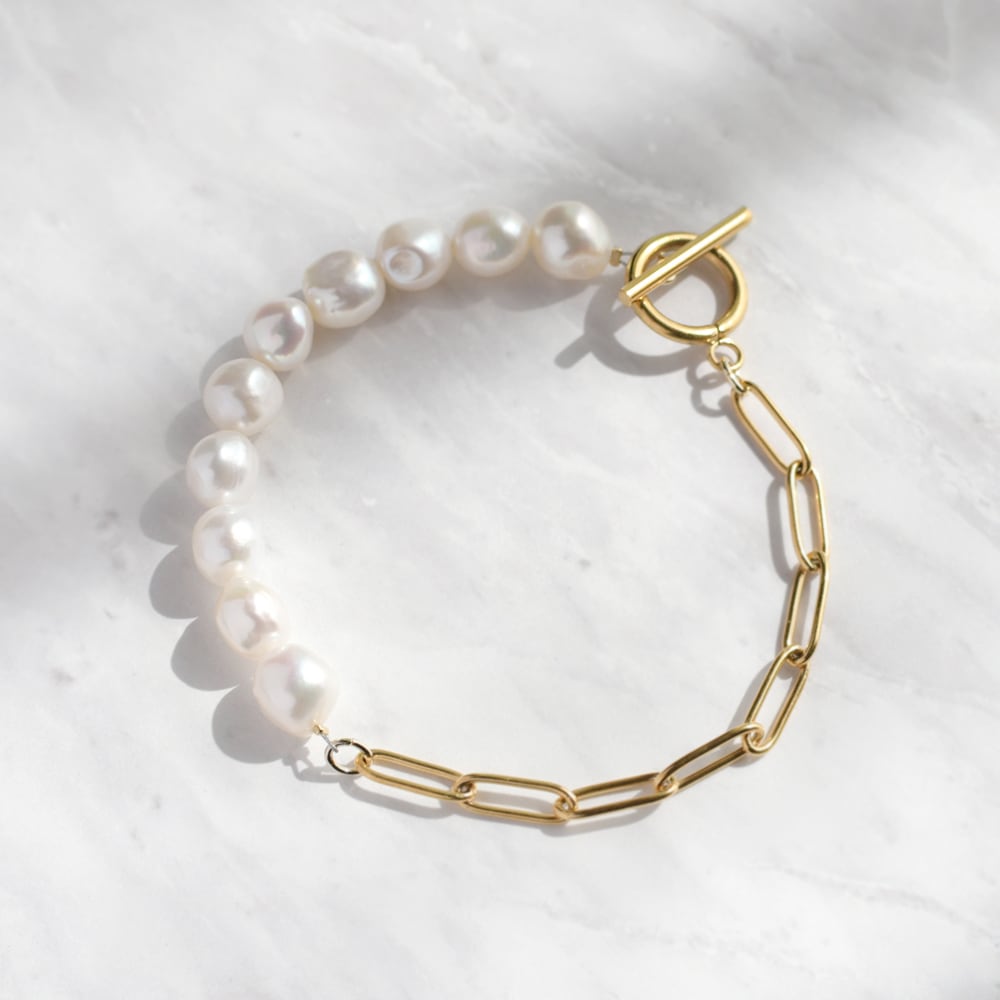 上質な天然パール クリップチェーン ブレスレット 淡水パール サージカルステンレス製 / br-005