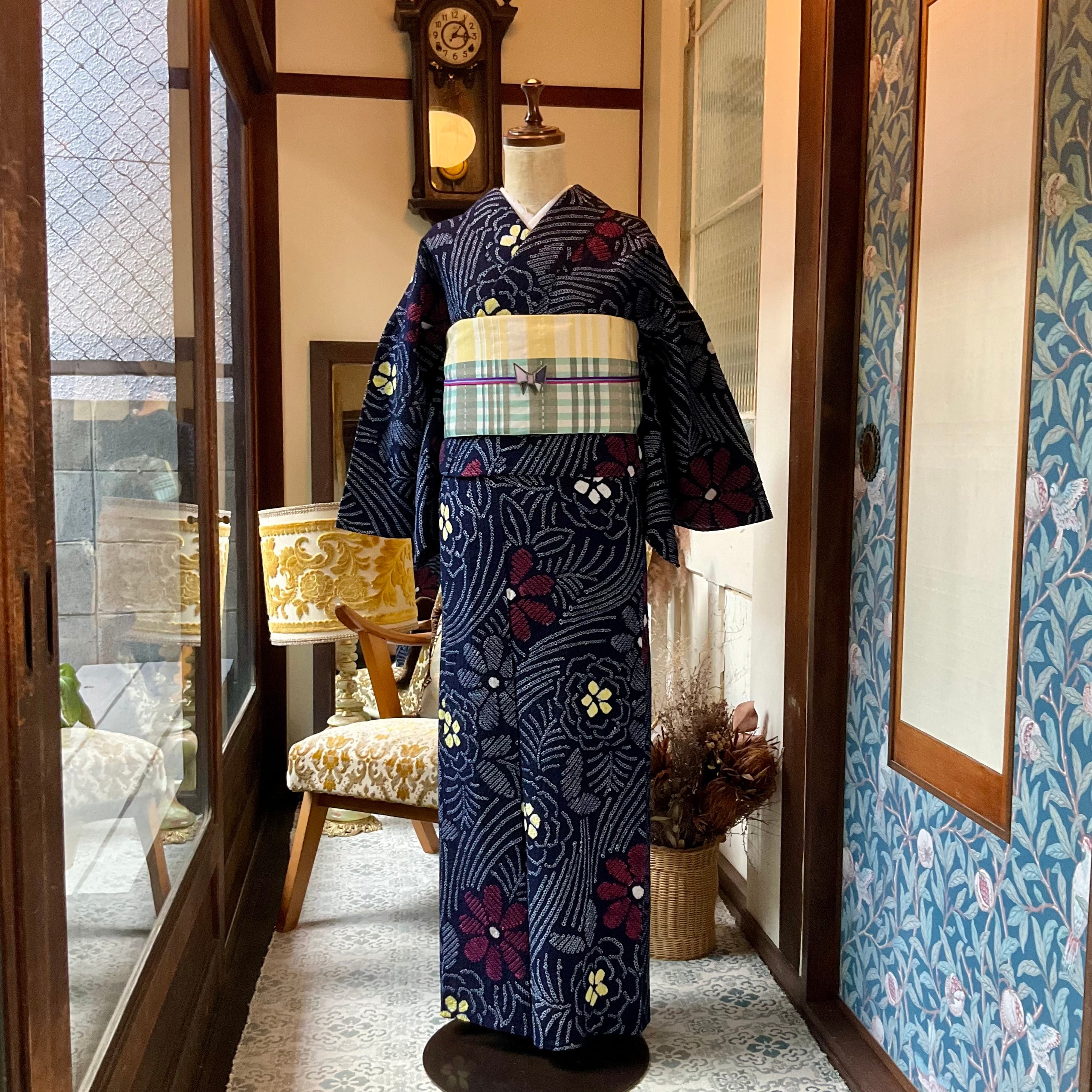 long＊夜風の花＊総絞り レトロ 花 フラワー 濃紺 紺 ネイビー レッド
