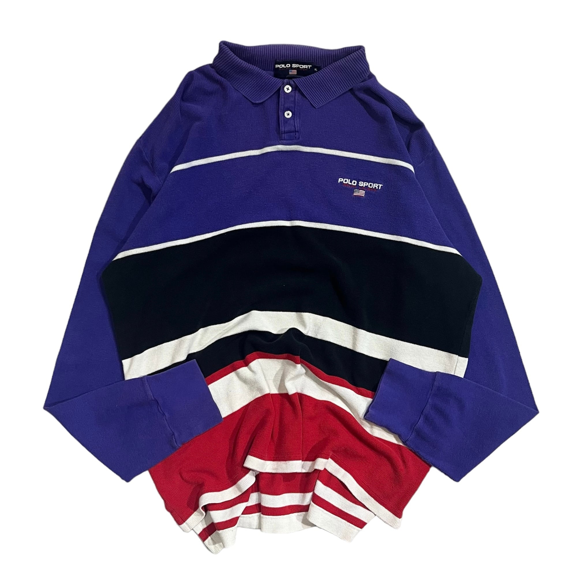 size : XL【 POLO SPORT 】ポロ・スポーツ 長袖ポロシャツ ラガーシャツ マルチボーダー 紫 黒 赤 古着 古着屋 高円寺 ビンテージ