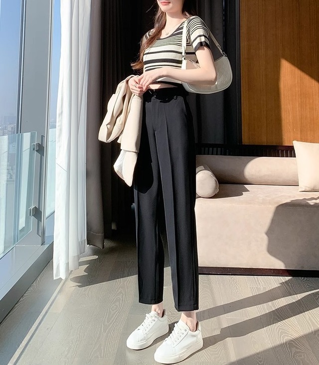 3サイズ 2生地 背面ゴム センタープレス クロップドパンツ レディース パンツ ボトムス スーツ ロングパンツ クロップド ロング 8分丈 9分丈 丈長 ストレート フォーマル ファスナー ポケット ハイウエスト ウエストゴム 伸縮性 薄手 中厚手 かわいい 大人可愛い きれいめ シンプル カジュアル 上品 おしゃれ 無地 春 夏 秋 授業参観 ママ 通勤 学生 学校 通学 デート お出かけ 旅行 公園 女子会 休日 体型カバー S M L XL 2XL 3XL 4XL 5XL ゆったり 黒 ブラック