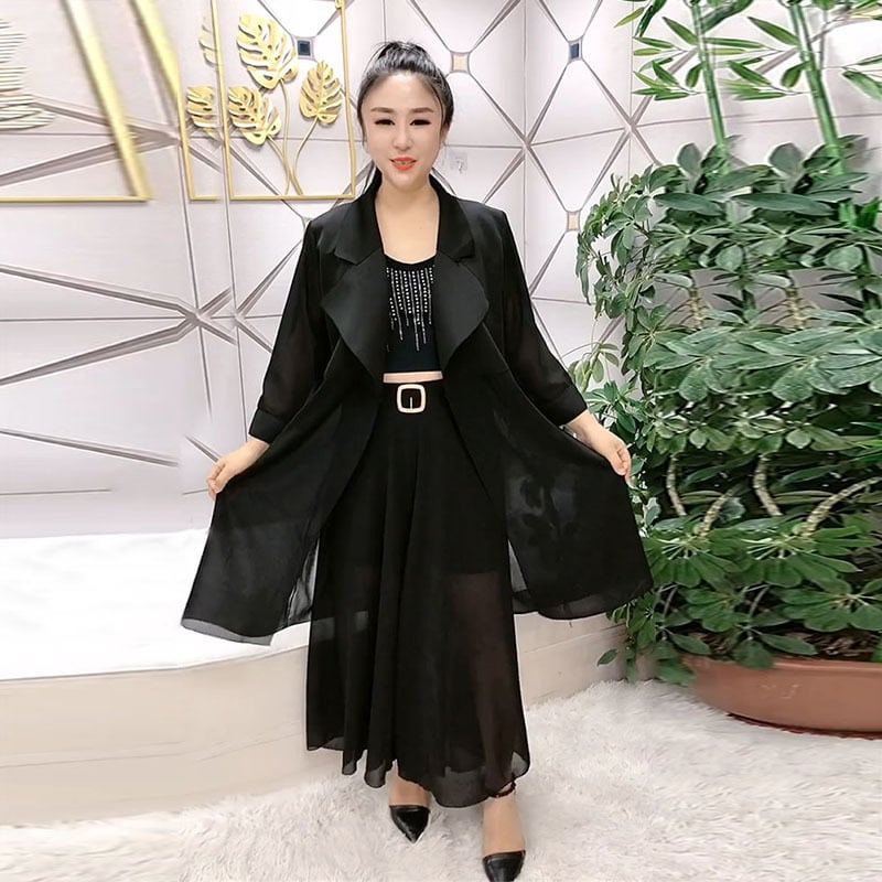 サマーメッシュベルト 薄手ルーズコート ロング 大きめサイズ 夏物 ハーネス ステッチ ミックスインファッション32142023103